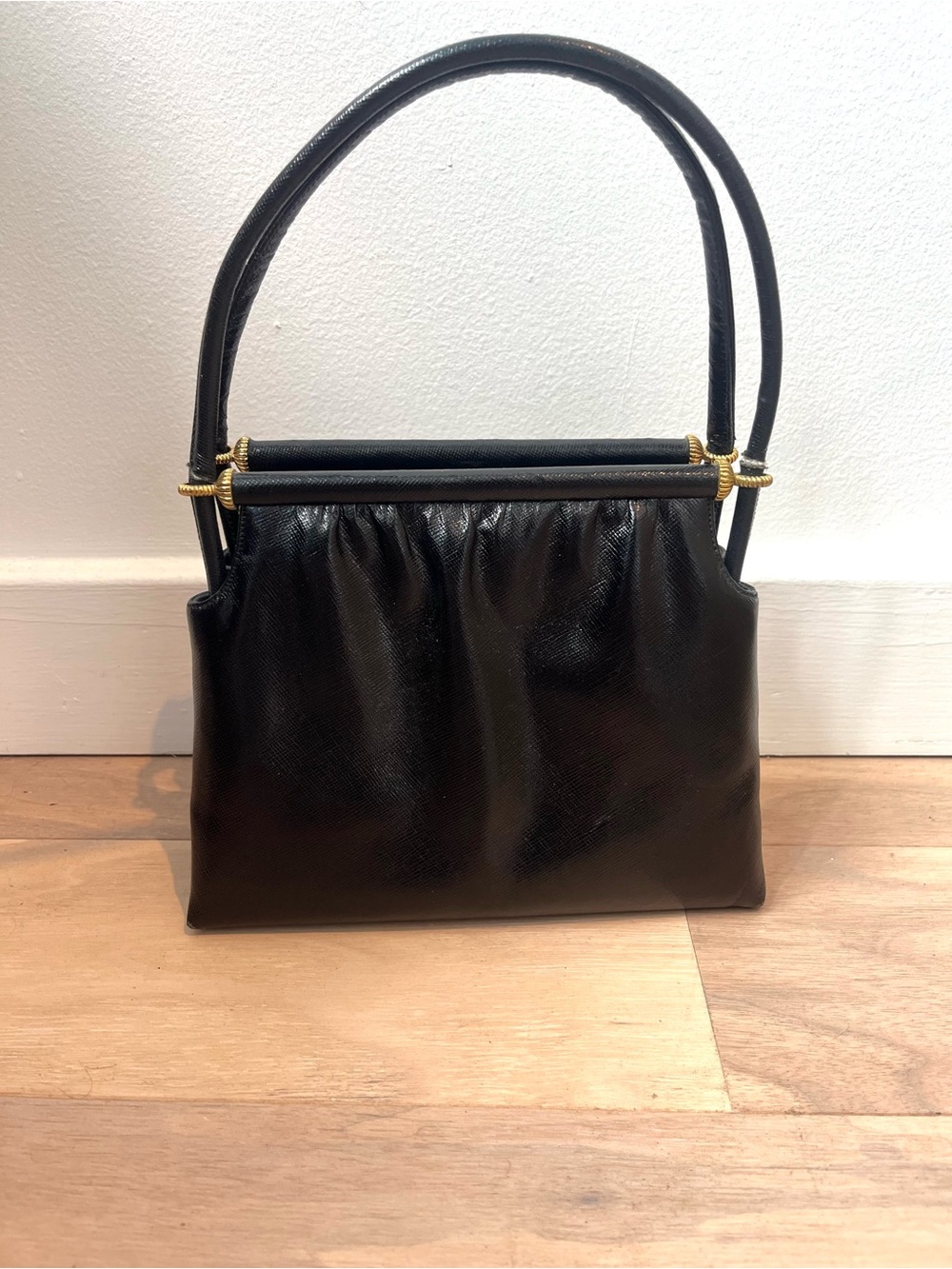Vintage Small Black Saffiano Leather Handbag Mid Century Gold Trim
